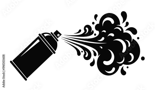 Spray can silhouette with abstract spray pattern on white background