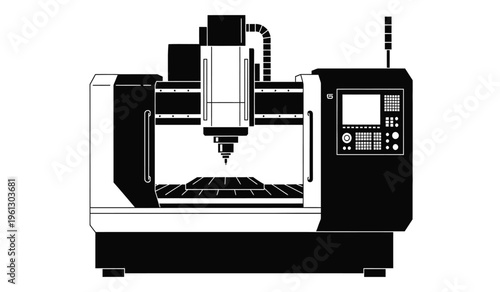 Silhouette of a cnc milling machine with control panel and silhouette details