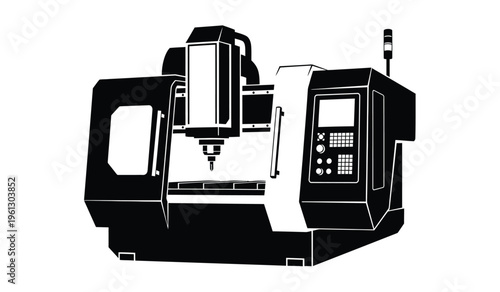 Silhouette of a cnc milling machine with control panel and tooling