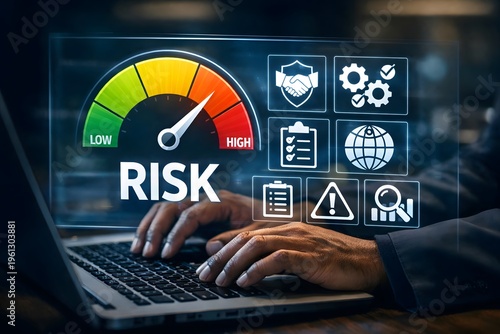 Person uses a laptop, featuring a digital display with a risk gauge from low to high, surrounded by icons for security and protection.