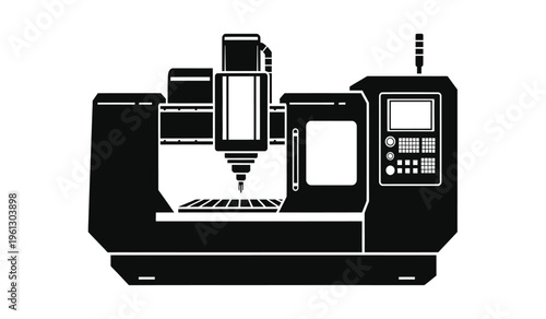 Silhouette of a cnc milling machine with control panel and spindle