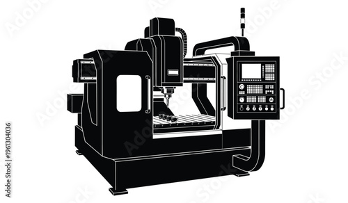 Silhouette of a cnc milling machine with control panel silhouette
