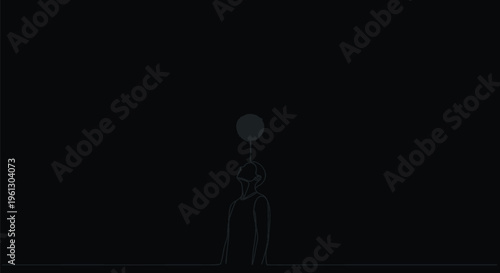 Minimalist continuous line drawing depicts a person looking upward toward a single glowing star against a stark black background representing ambition.
