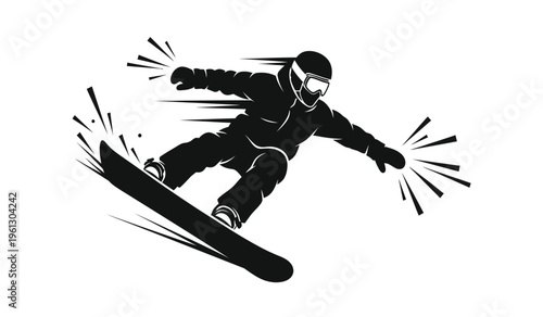 Silhouette of a snowboarder in motion on a snowboard with motion lines