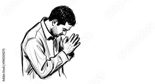 A detailed monochrome sketch graphic presents a man bowing his head reverently with hands pressed together for devotion.