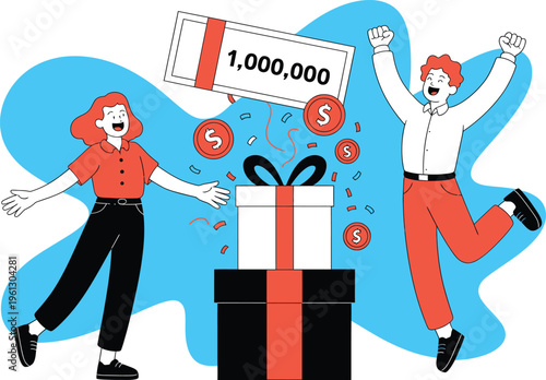 Excited couple celebrating winning a lottery prize with gift and money