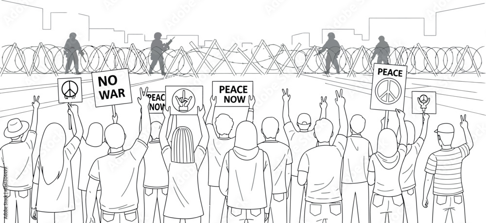 Obraz premium Group of peaceful protestors stand against a military blockade holding signs demanding no war and immediate peace now