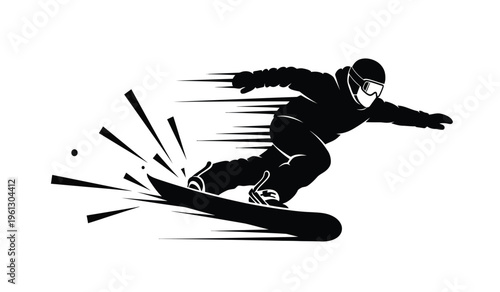 Silhouette of a snowboarder in motion on a snowboard with motion blur