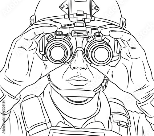 Soldier wearing night vision goggles securely mounted to tactical helmet looks forward intently for surveillance during mission operations