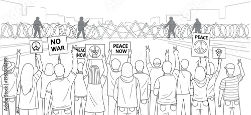 Group of peaceful protestors stand against a military blockade holding signs demanding no war and immediate peace now