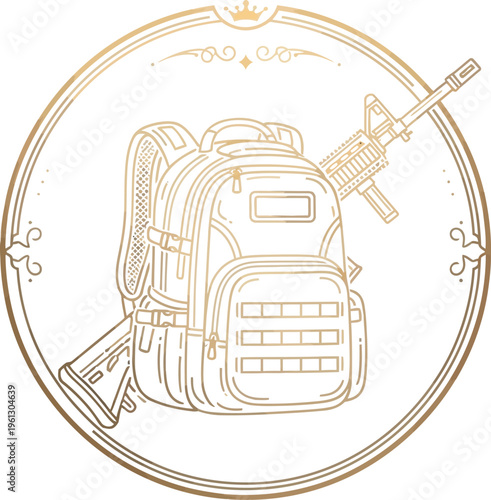 Elegant gold line art emblem featuring a tactical backpack and assault rifle within a circular ornate frame design