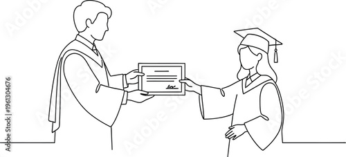 Continuous line art drawing of a man in an academic robe presenting a diploma to a happy female graduate wearing her cap and gown during a successful graduation ceremony.