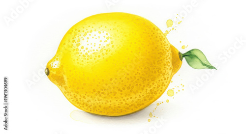Vibrant Yellow Lemon with Green Leaf and Juice Splash