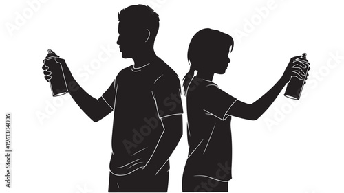 Graffiti silhouettes of man and girl with spray paint cans for street art and urban culture