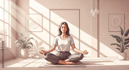 Vector illustration of a woman meditating in a serene indoor space, in soft shades of beige and pastel, with rays of natural light, a calm atmosphere, and cinematic lighting.