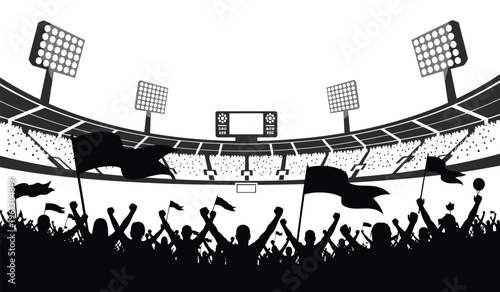 Silhouette of a lively sports stadium with cheering crowd and waving flags