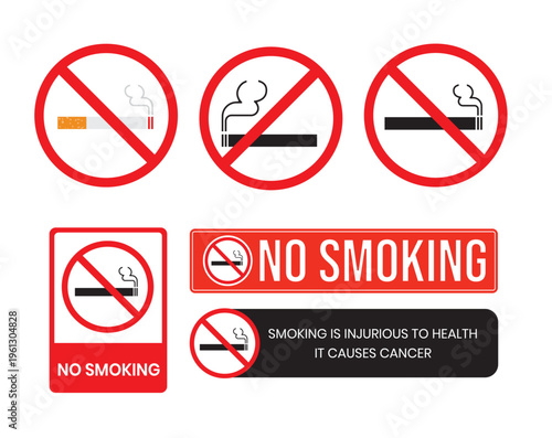 No smoking signs set_cigarette & smoke prohibition icons for public places symbols with warning labels for public use