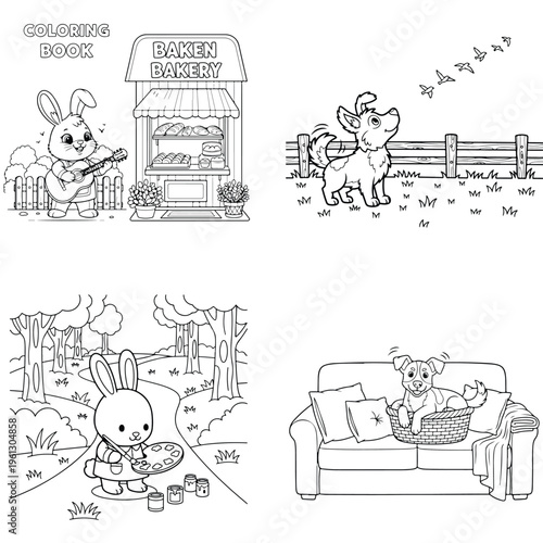 Playful animals coloring book pages: rabbit at bakery, dog watching tv & outdoors