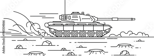 Black and white line art illustration depicts a military armored tank rapidly traversing uneven terrain kicking up dust and debris behind it