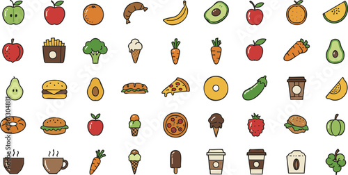 WebFlat Food and Fruits Icons Set – Healthy Nutrition Colorful Vector Collection