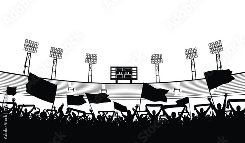 Silhouette of a lively sports stadium with waving flags and cheering crowd in silhouette