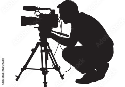 Cameraman silhouette filming on tripod, black media production and videography operator icon