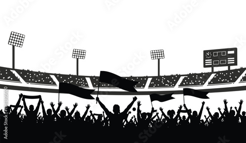 Silhouette of a lively sports stadium with cheering crowd and flags