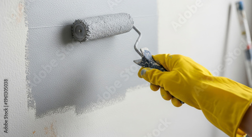 person painting wall with roller and yellow gloves