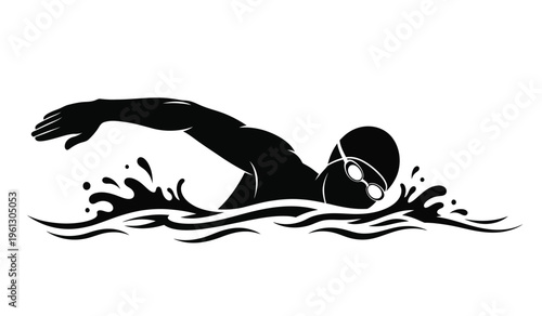 Silhouette of a person swimming in a pool with waves and splashes silhouette