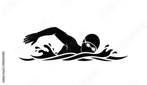 Silhouette of a swimmer in motion swimming through water with arms and legs extended in a dynamic stroke silhouette