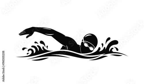 Silhouette of a person swimming in water with waves and splashes silhouette