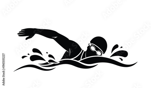 Silhouette of a swimmer in motion diving into water with arms outstretched and waves splashing