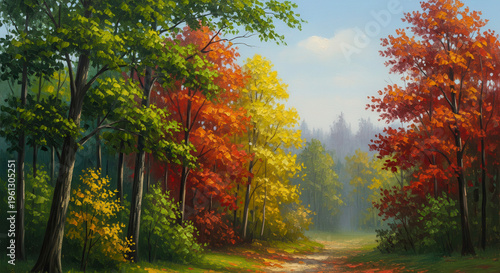 vibrant autumn forest landscape with colorful trees and dirt path