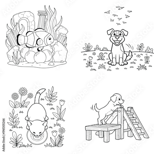 Animal adventures coloring book pages: fish, dog agility, cat in flowers, line art