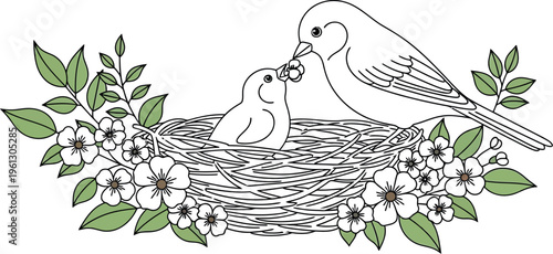 Charming illustration of a parent bird delicately feeding a small chick nestled securely within a spring floral bird's nest