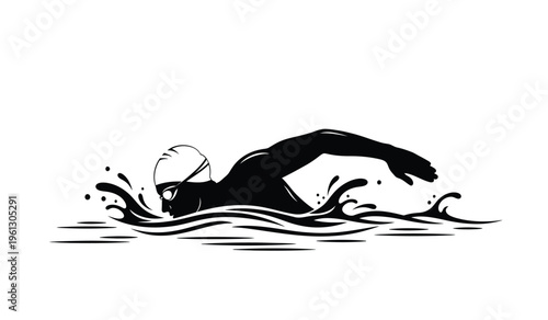 Silhouette of a swimmer in motion diving through water with dynamic splashes