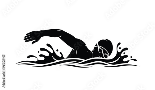 Silhouette of a person swimming in a pool with water splashing around them in a dynamic motion