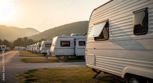 Row Of Recreational Vehicles Parked On Grassy Field During Sunset