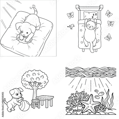 Adorable animals coloring book pages: sleeping pets & outdoor play, line art, cute animals
