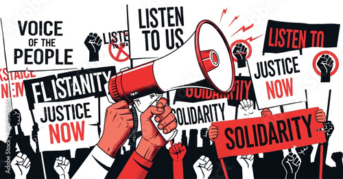 A powerful illustration depicts a crowd demanding justice and solidarity while shouting through a red and white megaphone during a protest.