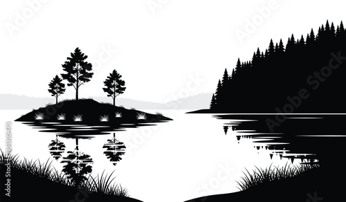 Serene lake scene with island and trees in silhouette against a white background