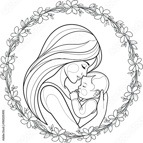 Elegant line art illustration depicting a loving mother tenderly embracing her newborn baby, beautifully framed within a delicate floral wreath, symbolizing maternal bond and gentle care.
