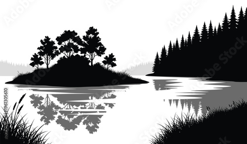 Serene lake scene with island and trees in silhouette against a bright sky