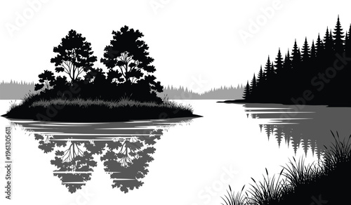 Serene lake scene with island and trees in silhouette against a calm water reflection