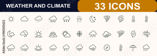 Weather and climate line web icons. Sun, cloud, rain, snow, storm, lightning, wind, humidity, temperature, forecast, meteorology symbols. Editable stroke. Vector illustration.