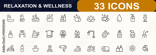 Spa and wellness line web icon set. Bath, sauna, jacuzzi, shower, bubbles, aromatherapy, skincare, massage, hygiene, relaxation symbols. Editable stroke. Vector illustration.