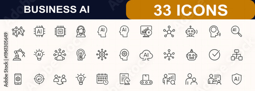 Business AI and machine learning line web icons. Neural network, chip, robot, dashboard, customer service, automation, analytics, cloud data, strategy tools. Editable stroke. Vector illustration.