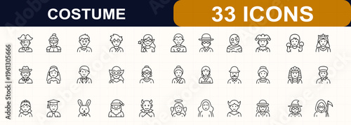 Costume and cosplay outline web icons. Pirate, knight, zombie, anime, superhero, fairy, steampunk, cowboy, wedding, masquerade, carnival, halloween, festival, character. Editable stroke. 