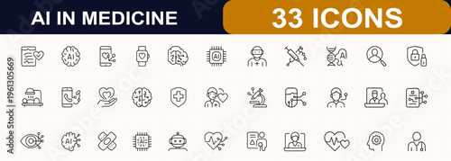 AI in medicine line web icon set. Diagnostics, telemedicine, health monitoring, chip, microscope, neural, patient, analysis, digital healthcare. Editable stroke. Vector illustration.