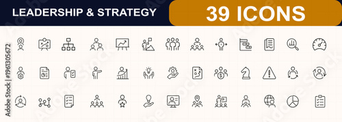 Leadership and strategy glyph icon set for business management. Planning, project, collaboration, meeting, decision tree, workflow, dashboard, document, timeline, analysis. Editable stroke.